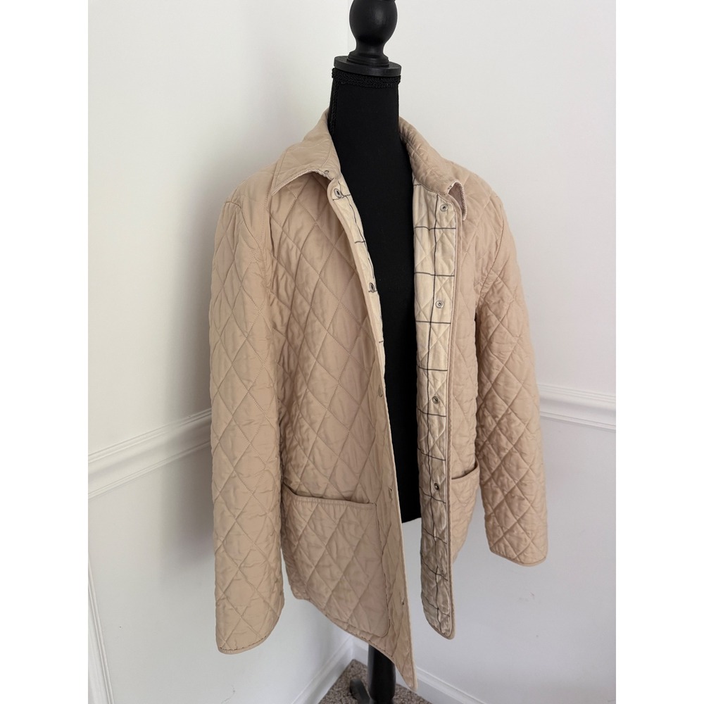 Ann Taylor Womens XL Beige Quilted Barn Jacket Plaid Lined Snap Front Tan Coat